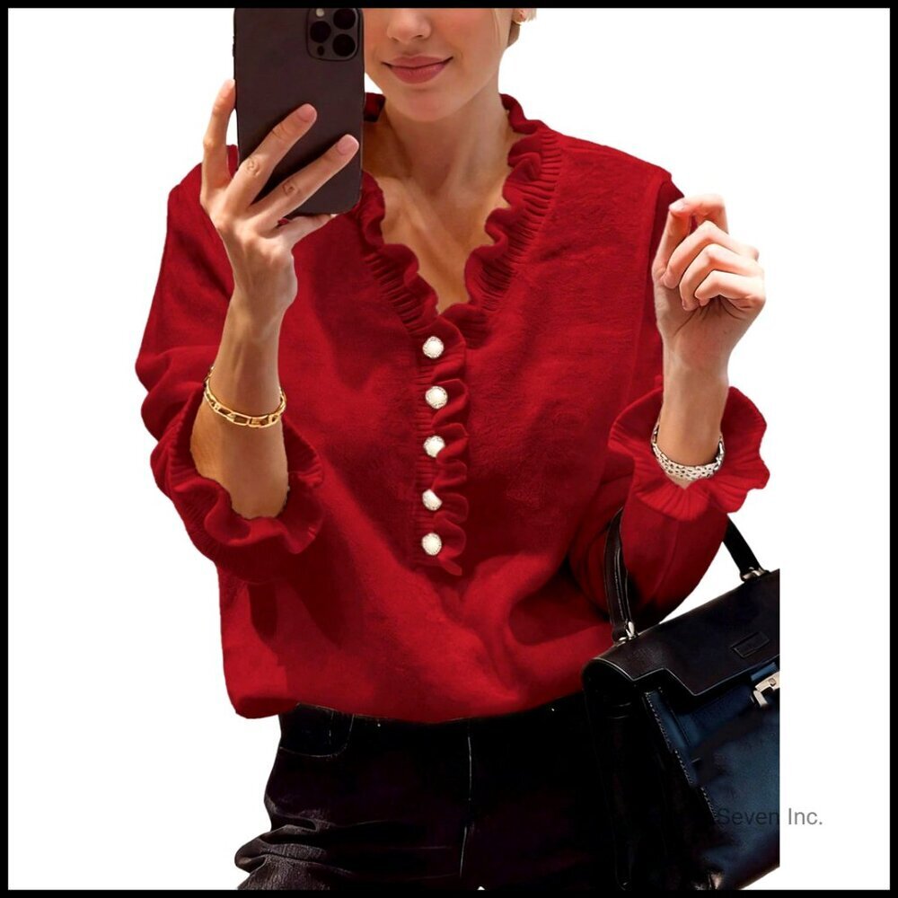 V-Neck Ruffle Trim Pullover Sweater Lightweight Knit Long Sleeve Chic Tops